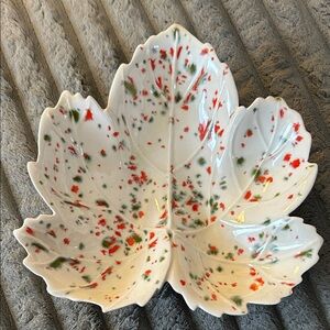 Vintage MCM Maple Leaf Dish Speckle Candy Bowl Handmade Ceramic Art Pottery Fall